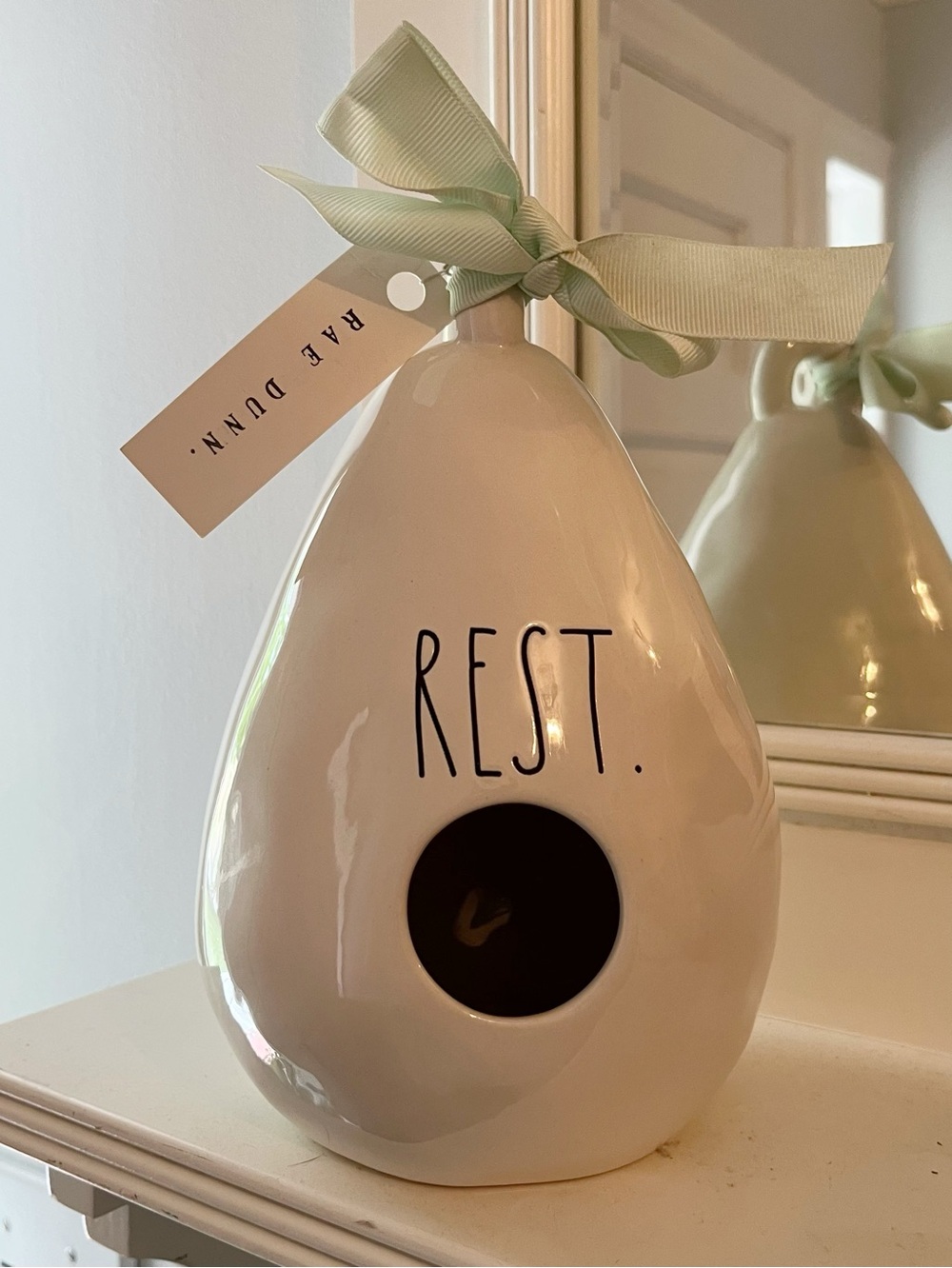 Rae Dunn by Magenta, "REST" Teardrop glossy ivory Ceramic Birdhouse